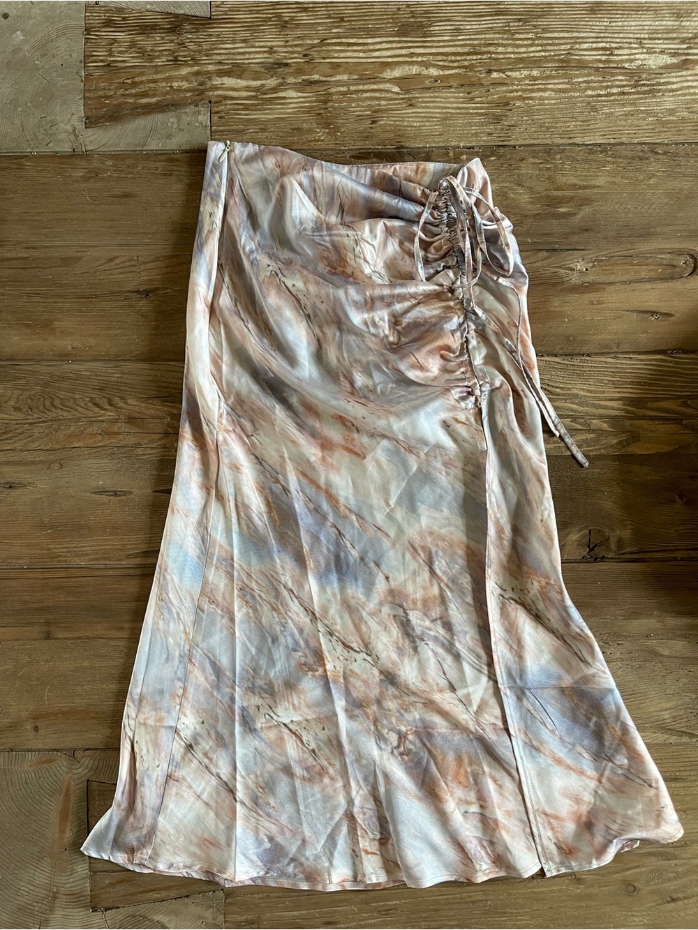 Micas Satin Marble Print Ruched Slit Maxi Skirt Size Small